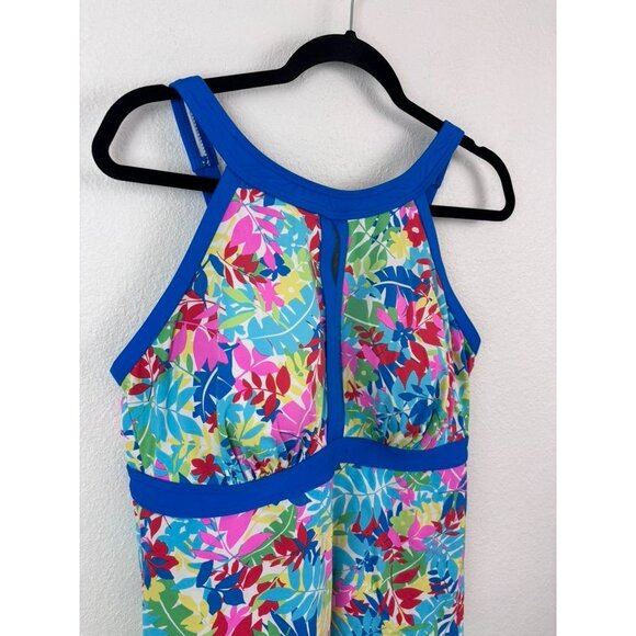Lands' End women's 16W DD blue floral high neck tankini swim top built in bra - Picture 2 of 5